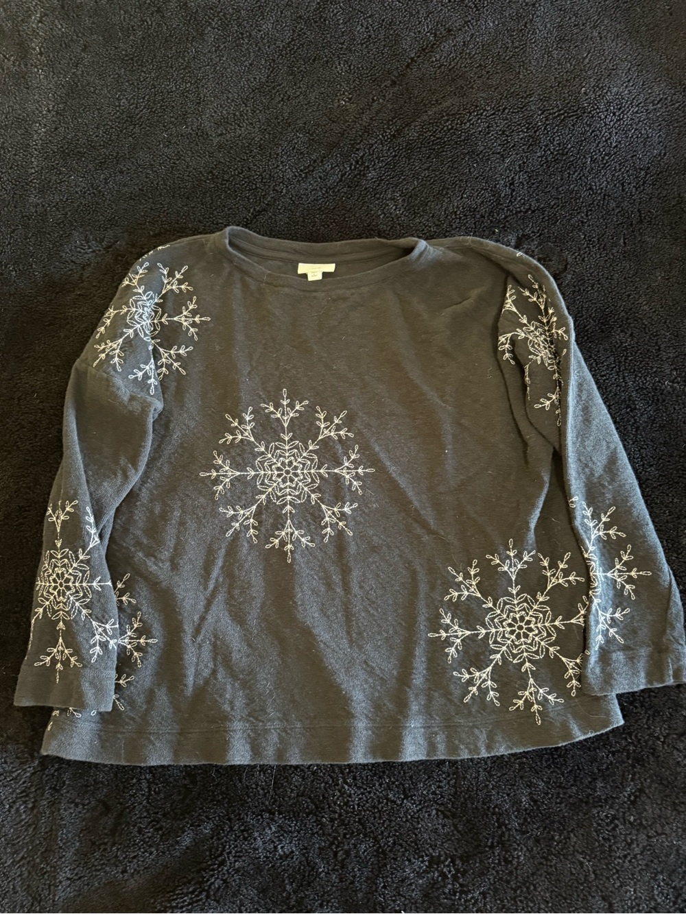 J. Jill Navy Long-Sleeve Top with White Snowflake Embroidery
